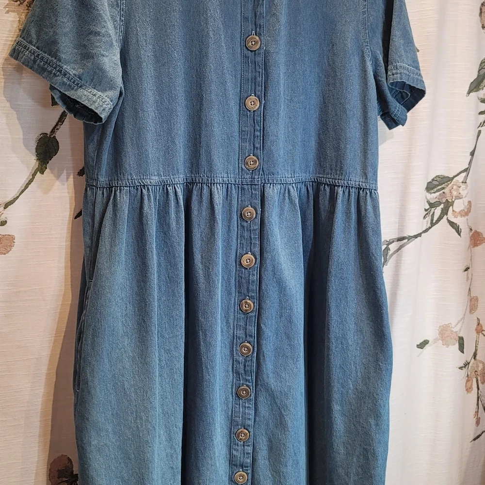 Blair Size Large Button Down Pockets Denim Shift Midi Blue Sundress Cottagecore - Picture 10 of 10